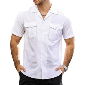 imageVATPAVE Mens Hawaiian Cotton Linen Shirts Short Sleeve Button Down Summer Shirts Cuban Beach Tops with PocketsWhite