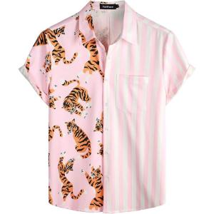 imageVATPAVE Mens Hawaiian Flamingo Shirts Casual Tropical Short Sleeve Button Down Shirt Summer Beach ShirtsPink Tiger