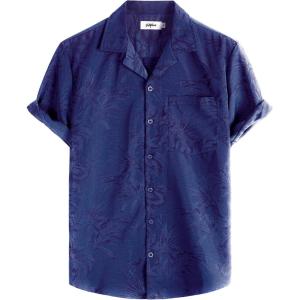 imageVATPAVE Mens Hawaiian Floral Jacquard Shirts Casual Button Down Short Sleeve Summer Shirts with PocketNavy