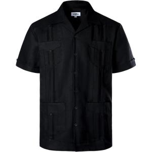 imageVATPAVE Mens Linen Cuban Guayabera Shirts Casual Button Down Short Sleeve Summer ShirtsBlack