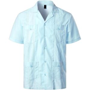 imageVATPAVE Mens Short Sleeve Button Down Cuban Guayabera ShirtsLight Blue