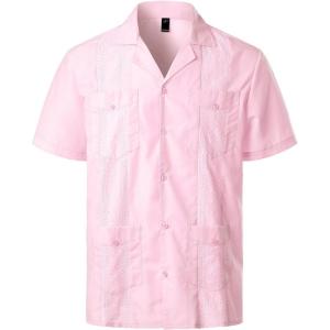 imageVATPAVE Mens Short Sleeve Button Down Cuban Guayabera ShirtsPink