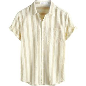 imageVATPAVE Mens Striped Summer Shirt Casual Button Down Short Sleeve Beach Shirts Cotton Linen Shirts for MenBeige Yellow
