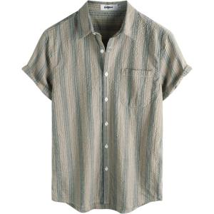 imageVATPAVE Mens Striped Summer Shirt Casual Button Down Short Sleeve Beach Shirts Cotton Linen Shirts for MenKhaki Brown
