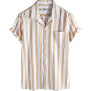 imageVATPAVE Mens Striped Summer Shirt Casual Button Down Short Sleeve Beach Shirts Cotton Linen Shirts for MenKhaki Coffee