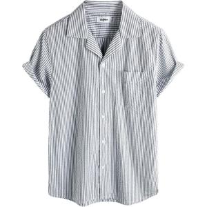 imageVATPAVE Mens Striped Summer Shirt Casual Button Down Short Sleeve Beach Shirts Cotton Linen Shirts for MenNavy