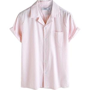 imageVATPAVE Mens Striped Summer Shirt Casual Button Down Short Sleeve Beach Shirts Cotton Linen Shirts for MenPink