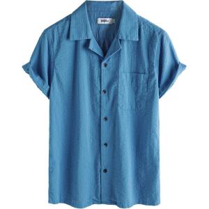 imageVATPAVE Mens Striped Summer Shirt Casual Button Down Short Sleeve Beach Shirts Cotton Linen Shirts for MenPure Aquablue