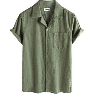 imageVATPAVE Mens Striped Summer Shirt Casual Button Down Short Sleeve Beach Shirts Cotton Linen Shirts for MenPure Armygreen