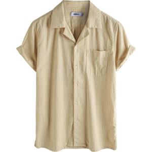 imageVATPAVE Mens Striped Summer Shirt Casual Button Down Short Sleeve Beach Shirts Cotton Linen Shirts for MenPure Khaki