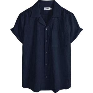 imageVATPAVE Mens Striped Summer Shirt Casual Button Down Short Sleeve Beach Shirts Cotton Linen Shirts for MenPure Navy