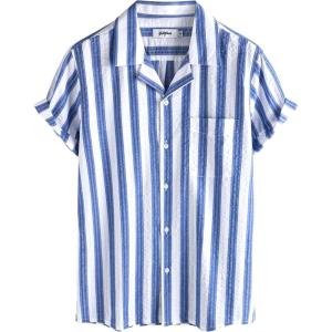 imageVATPAVE Mens Striped Summer Shirt Casual Button Down Short Sleeve Beach Shirts Cotton Linen Shirts for MenRoyalblue Navy