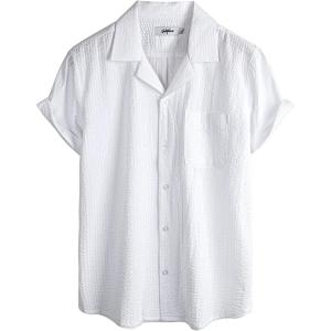 imageVATPAVE Mens Striped Summer Shirt Casual Button Down Short Sleeve Beach Shirts Cotton Linen Shirts for MenWhite