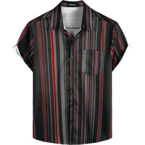 imageVATPAVE Mens Striped Summer Shirts Casual Button Down Short Sleeve Beach Stylish Untucked Hawaiian ShirtsBlackred