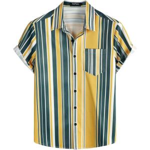 imageVATPAVE Mens Striped Summer Shirts Casual Button Down Short Sleeve Beach Stylish Untucked Hawaiian ShirtsCyanyellow