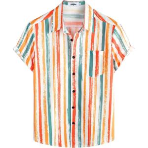 imageVATPAVE Mens Striped Summer Shirts Casual Button Down Short Sleeve Beach Stylish Untucked Hawaiian ShirtsOrange