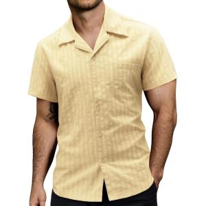 imageVATPAVE Mens Summer Cuban Collar Shirts Short Sleeve Button Down Beach Shirts Regular Fit Hawaiian Shirts with PocketKhaki