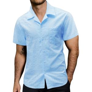 imageVATPAVE Mens Summer Cuban Collar Shirts Short Sleeve Button Down Beach Shirts Regular Fit Hawaiian Shirts with PocketLight Blue
