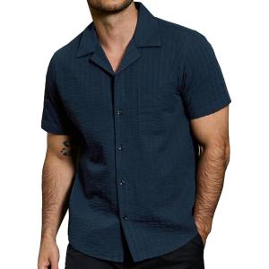 imageVATPAVE Mens Summer Cuban Collar Shirts Short Sleeve Button Down Beach Shirts Regular Fit Hawaiian Shirts with PocketNavy