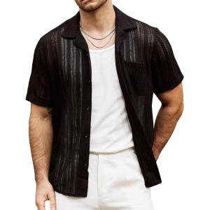 imageVATPAVE Mens Summer Lace Shirts See Through Sheer Shirts Casual Short Sleeve Button Down Beach ShirtsBlack