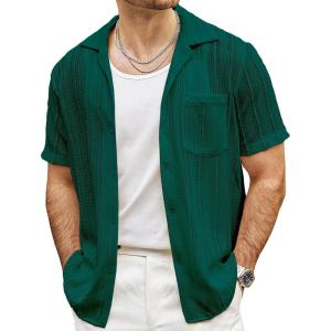 imageVATPAVE Mens Summer Lace Shirts See Through Sheer Shirts Casual Short Sleeve Button Down Beach ShirtsBlack Green