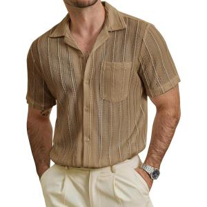 imageVATPAVE Mens Summer Lace Shirts See Through Sheer Shirts Casual Short Sleeve Button Down Beach ShirtsCoffee