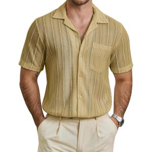 imageVATPAVE Mens Summer Lace Shirts See Through Sheer Shirts Casual Short Sleeve Button Down Beach ShirtsKhaki