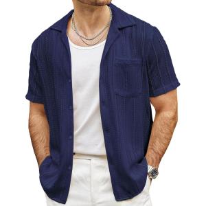 imageVATPAVE Mens Summer Lace Shirts See Through Sheer Shirts Casual Short Sleeve Button Down Beach ShirtsNavy