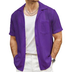 imageVATPAVE Mens Summer Lace Shirts See Through Sheer Shirts Casual Short Sleeve Button Down Beach ShirtsPurple
