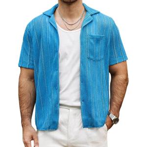 imageVATPAVE Mens Summer Lace Shirts See Through Sheer Shirts Casual Short Sleeve Button Down Beach ShirtsRoyal Blue