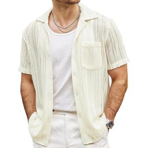 imageVATPAVE Mens Summer Lace Shirts See Through Sheer Shirts Casual Short Sleeve Button Down Beach ShirtsWhite