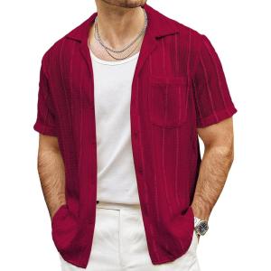 imageVATPAVE Mens Summer Lace Shirts See Through Sheer Shirts Casual Short Sleeve Button Down Beach ShirtsWinered