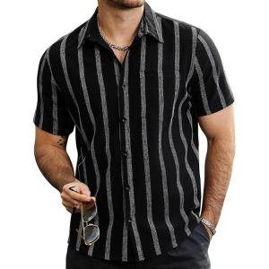 imageVATPAVE Mens Summer Striped Shirts Button Down Short Sleeve Vintage Beach Hawaiian Shirts with PocketBlack