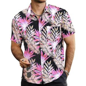 imageVATPAVE Mens Summer Striped Shirts Button Down Short Sleeve Vintage Beach Hawaiian Shirts with PocketBlack Pink