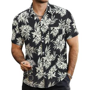 imageVATPAVE Mens Summer Striped Shirts Button Down Short Sleeve Vintage Beach Hawaiian Shirts with PocketBlack Yellow