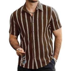 imageVATPAVE Mens Summer Striped Shirts Button Down Short Sleeve Vintage Beach Hawaiian Shirts with PocketCoffee