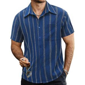 imageVATPAVE Mens Summer Striped Shirts Button Down Short Sleeve Vintage Beach Hawaiian Shirts with PocketDark Blue