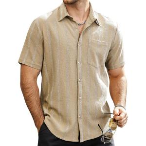 imageVATPAVE Mens Summer Striped Shirts Button Down Short Sleeve Vintage Beach Hawaiian Shirts with PocketKhaki