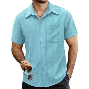 imageVATPAVE Mens Summer Striped Shirts Button Down Short Sleeve Vintage Beach Hawaiian Shirts with PocketLight Blue