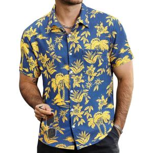 imageVATPAVE Mens Summer Striped Shirts Button Down Short Sleeve Vintage Beach Hawaiian Shirts with PocketNavy Yellow