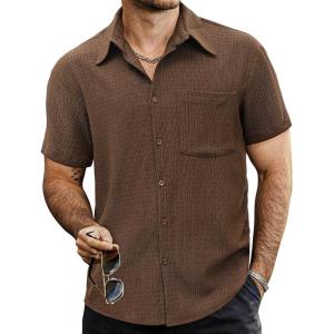 imageVATPAVE Mens Summer Striped Shirts Button Down Short Sleeve Vintage Beach Hawaiian Shirts with PocketPure Coffee