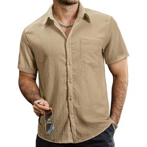 imageVATPAVE Mens Summer Striped Shirts Button Down Short Sleeve Vintage Beach Hawaiian Shirts with PocketPure Khaki