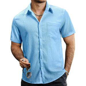 imageVATPAVE Mens Summer Striped Shirts Button Down Short Sleeve Vintage Beach Hawaiian Shirts with PocketPure Lightblue