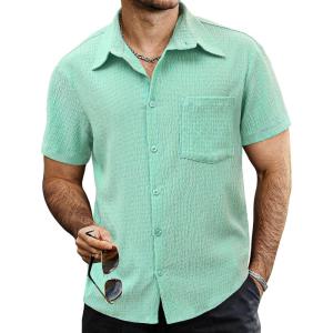 imageVATPAVE Mens Summer Striped Shirts Button Down Short Sleeve Vintage Beach Hawaiian Shirts with PocketPure Lightgreen