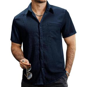 imageVATPAVE Mens Summer Striped Shirts Button Down Short Sleeve Vintage Beach Hawaiian Shirts with PocketPure Navy