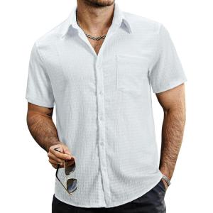 imageVATPAVE Mens Summer Striped Shirts Button Down Short Sleeve Vintage Beach Hawaiian Shirts with PocketPure White
