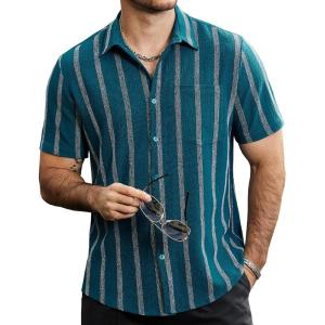 imageVATPAVE Mens Summer Striped Shirts Button Down Short Sleeve Vintage Beach Hawaiian Shirts with PocketRoyal Blue