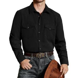 imageVATPAVE Mens Western Cowboy Shirts Button Up Shirts Long Sleeve Work Shirts for Men with Two PocketsBlack