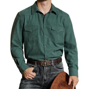 imageVATPAVE Mens Western Cowboy Shirts Button Up Shirts Long Sleeve Work Shirts for Men with Two PocketsGreen