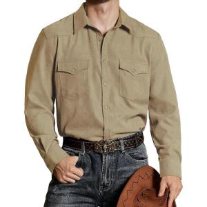 imageVATPAVE Mens Western Cowboy Shirts Button Up Shirts Long Sleeve Work Shirts for Men with Two PocketsKhaki